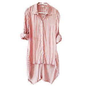 Max Studio Red & White Striped Button Front Hi-Lo Roll Tab Sleeves Size L Blouse